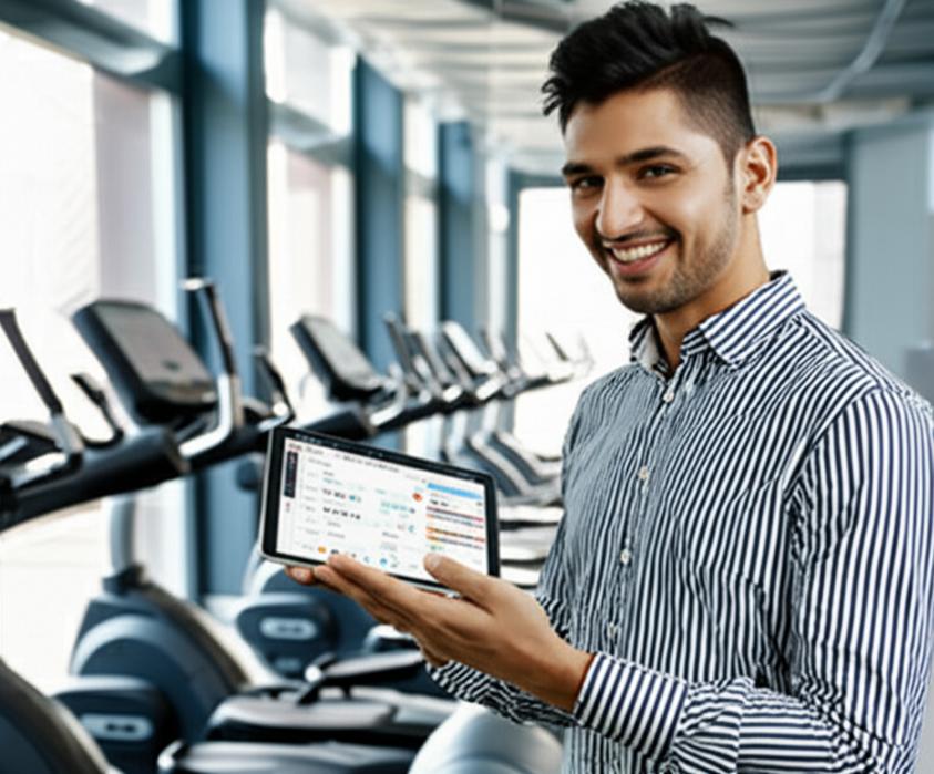 Giao diện phần mềm quản lý phòng gym trên máy tính bảng trong không gian phòng gym hiện đại.