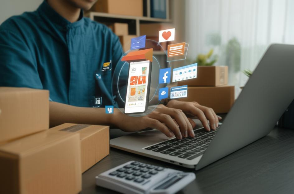 Minh họa hộ kinh doanh online với đầy đủ công cụ làm việc và sản phẩm.