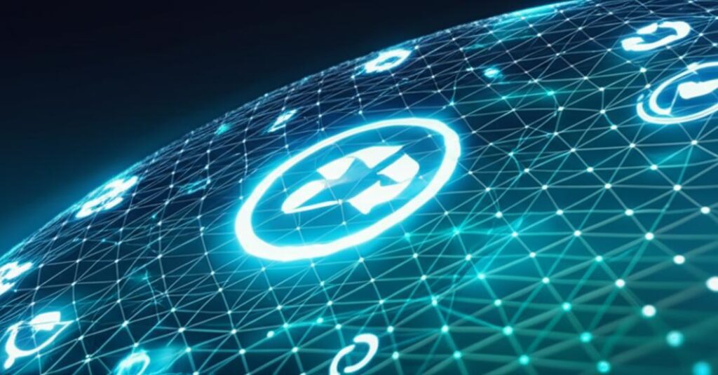 Abstract digital art representing innovative business models for large enterprises, featuring interconnected networks, data streams, and sustainable elements.