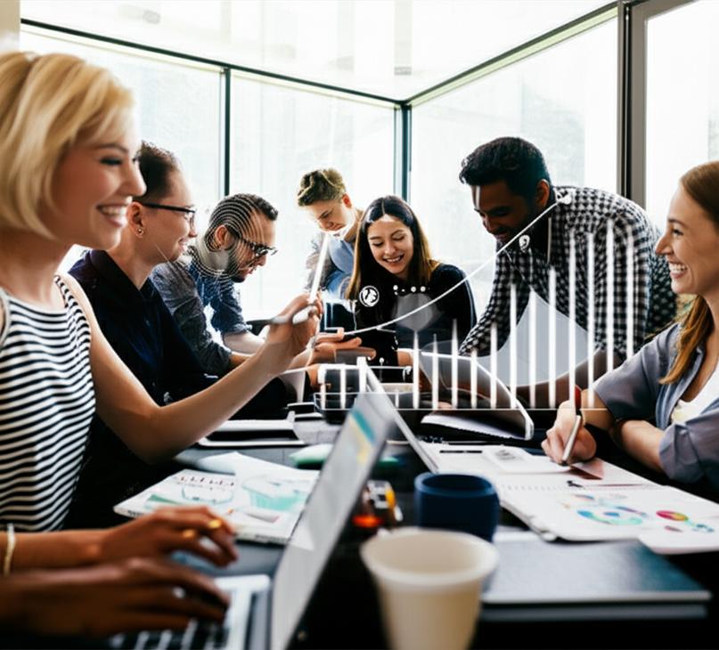 Doanh nhân trẻ làm việc và hợp tác trong không gian hiện đại, thể hiện sự thành công kinh doanh online.