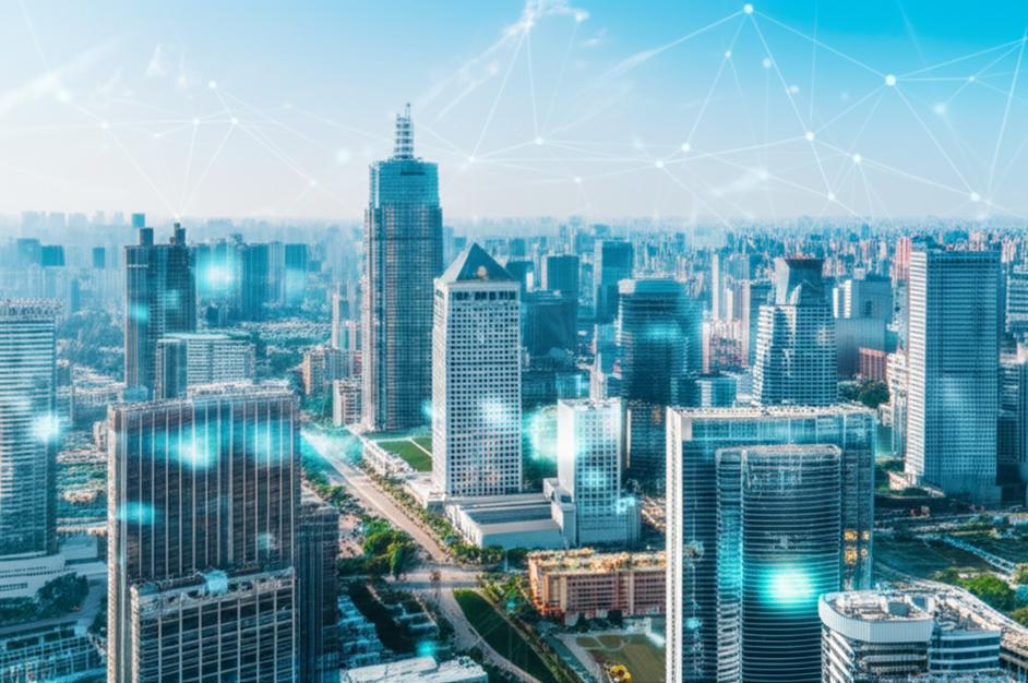 Thành phố tương lai rực rỡ với các yếu tố kinh tế số.