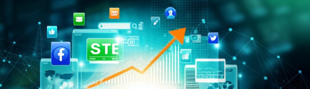 Hình ảnh minh họa marketing trực tuyến với các biểu tượng kỹ thuật số và biểu đồ tăng trưởng.