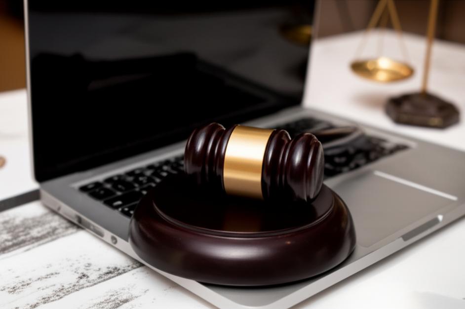 Gavel on laptop keyboard.