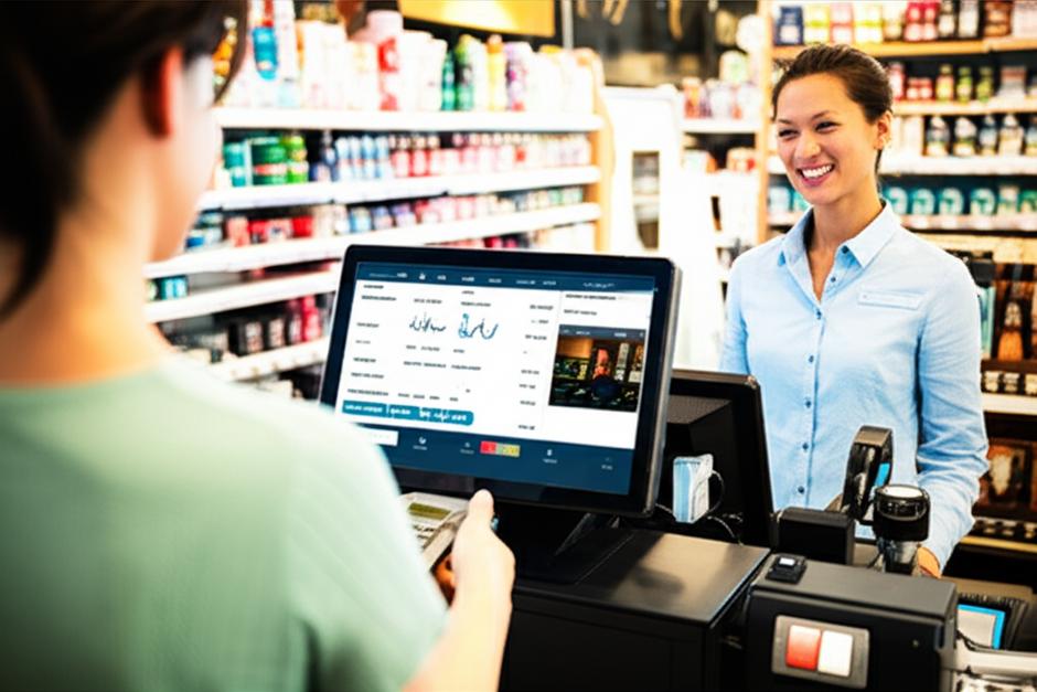 Quầy thanh toán hiện đại với hệ thống POS, thể hiện sự hiệu quả và chuyên nghiệp trong quản lý bán hàng.