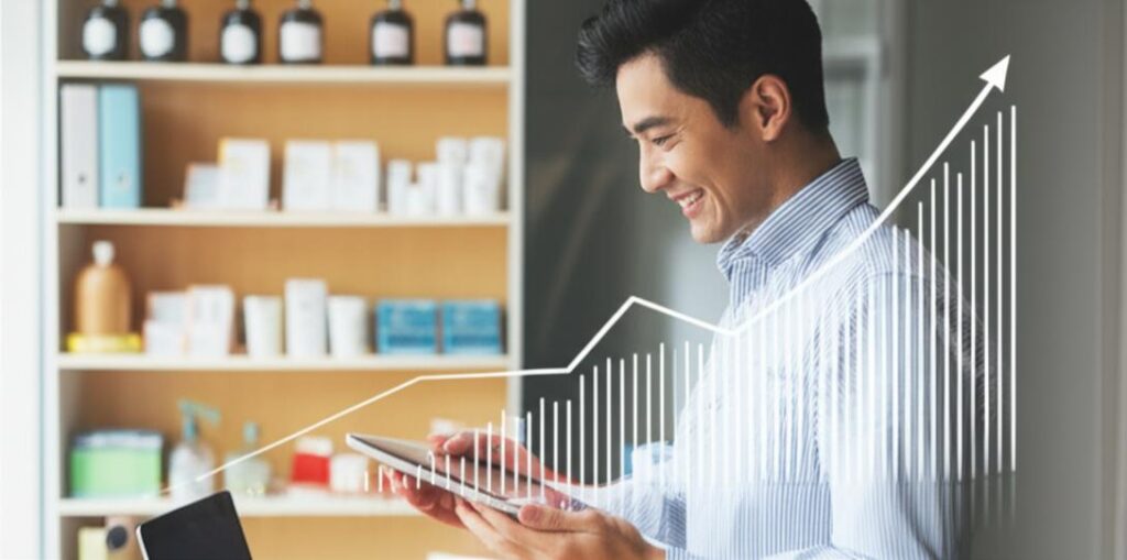 Chủ doanh nghiệp SME sử dụng máy tính bảng để quản lý dữ liệu bán hàng.