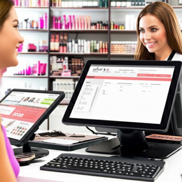 Studio trang điểm hiện đại với hệ thống POS, sản phẩm đa dạng và nhân viên chuyên nghiệp.