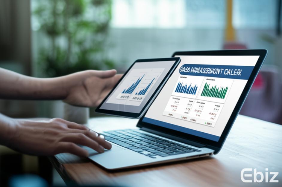 Giao diện phần mềm quản lý bán hàng cloud hiển thị trên máy tính và thiết bị di động.