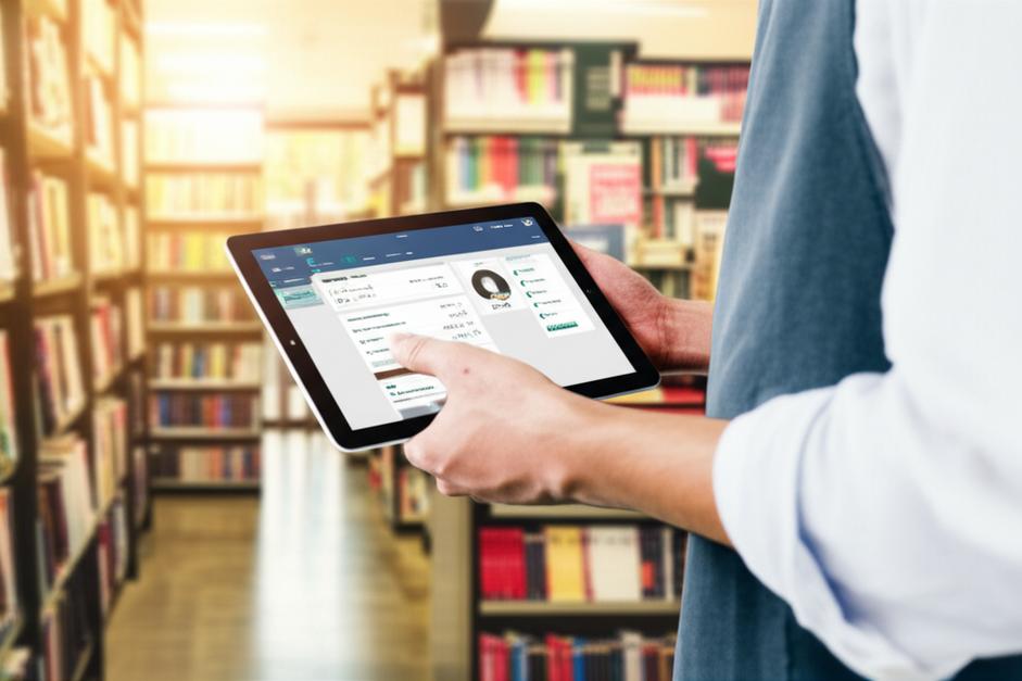 Bí Quyết Tối Ưu Hoạt Động Nhà Sách Với Phần Mềm Quản Lý CRM Chuyên Nghiệp 6 Nhà sách hiện đại với nhân viên sử dụng CRM trên máy tính bảng, thể hiện sự hiệu quả và tập trung vào khách hàng.