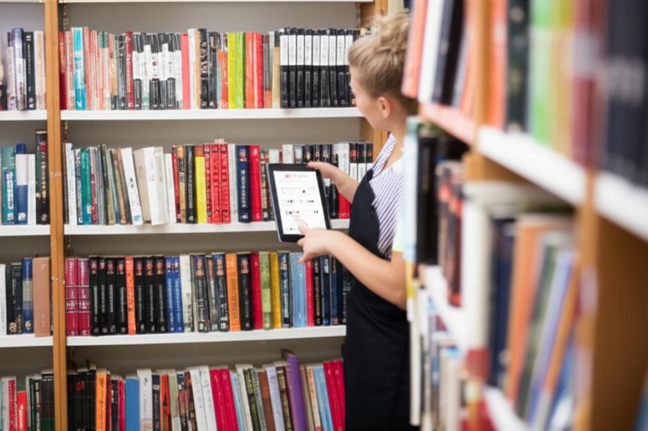 Nhà sách hiện đại, nhân viên sử dụng phần mềm quản lý.