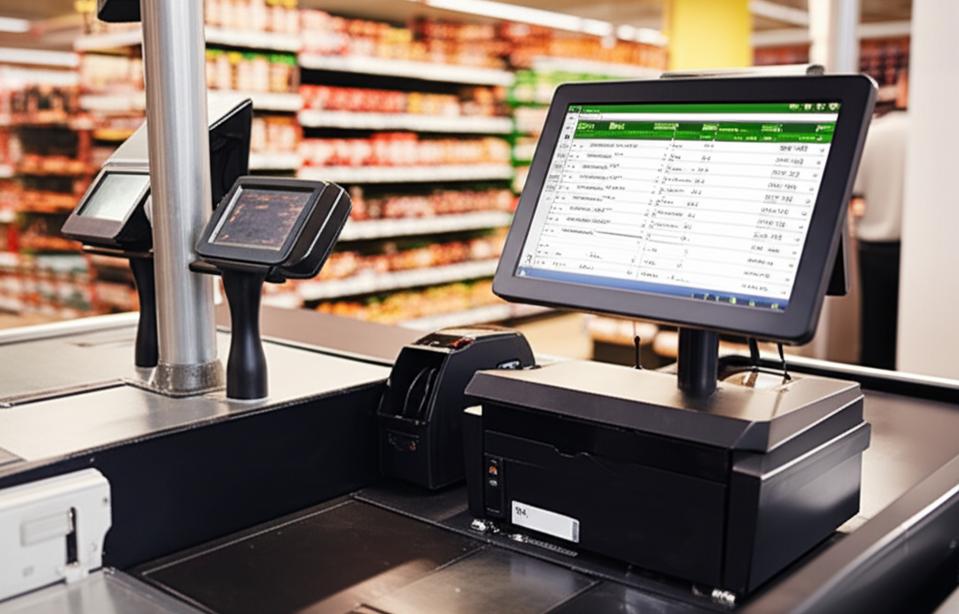 Phần Mềm Quản Lý Siêu Thị: Giải Pháp Tối Ưu Hoạt Động Không Cần Internet 1 Quầy thu ngân siêu thị với hệ thống POS hoạt động ổn định.