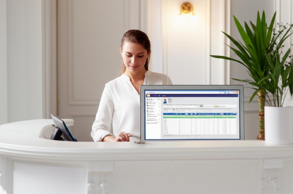 Giao diện phần mềm quản lý thẩm mỹ viện hiển thị trên máy tính tại lễ tân.