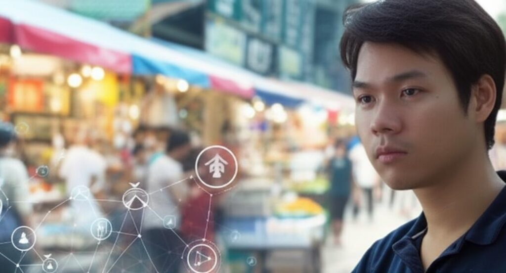 Người Việt Nam quan sát tinh tế một khu chợ, biểu trưng cho sự nhạy bén và thấu hiểu.