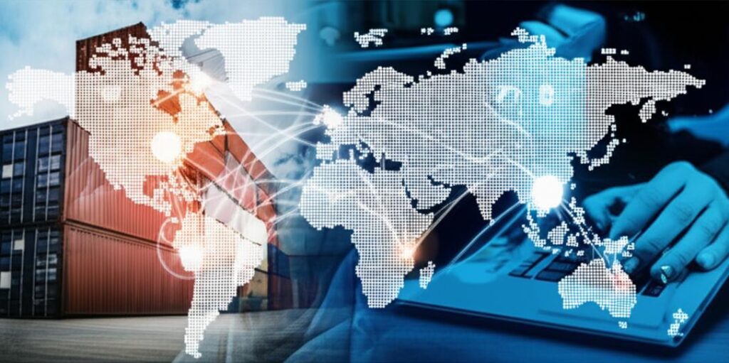 Quy Trình TMĐT Xuyên Biên Giới: Hướng Dẫn Chi Tiết Cho Doanh Nghiệp 6 Bản đồ thế giới kết nối với các biểu tượng thương mại điện tử và logistics quốc tế.