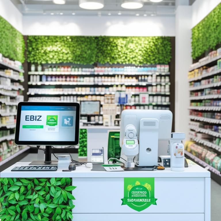 Chứng nhận bền vững: Nâng tầm uy tín và lợi nhuận cho cửa hàng bán lẻ 10 Modern retail store interior featuring sustainable design elements and a sustainability certification badge, with an Ebiz POS system visible.