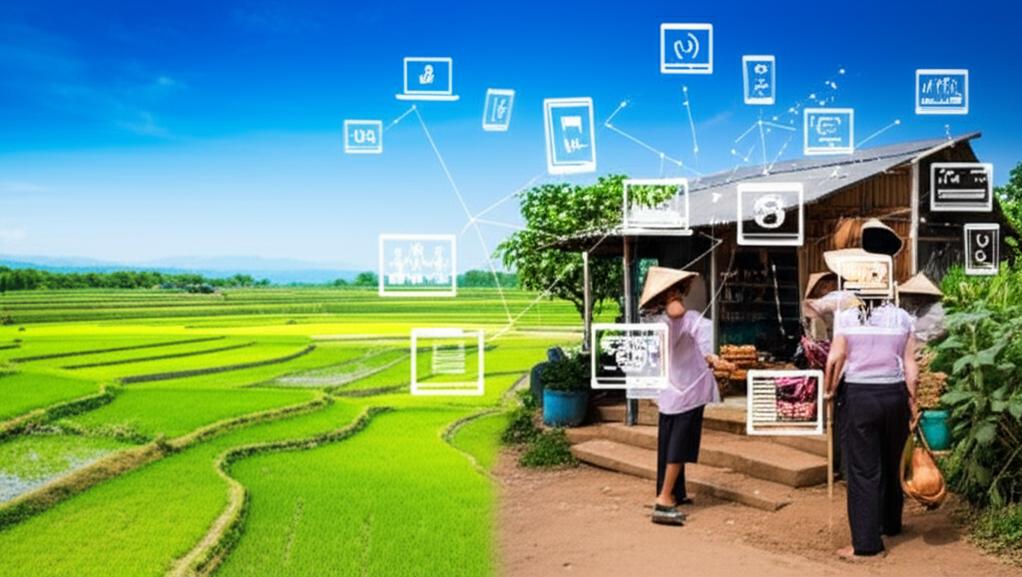 Cảnh nông thôn Việt Nam hiện đại với nông dân dùng smartphone giao dịch tài chính và cửa hàng thanh toán số.