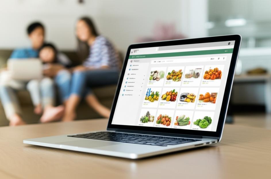 Giao diện cửa hàng tạp hóa online hiện đại trên laptop, minh họa sự tiện lợi và đa dạng sản phẩm.