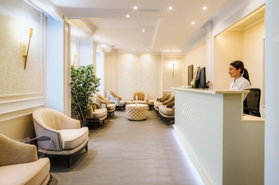 Phòng chờ thẩm mỹ viện sang trọng, nhân viên thân thiện chào đón khách hàng.