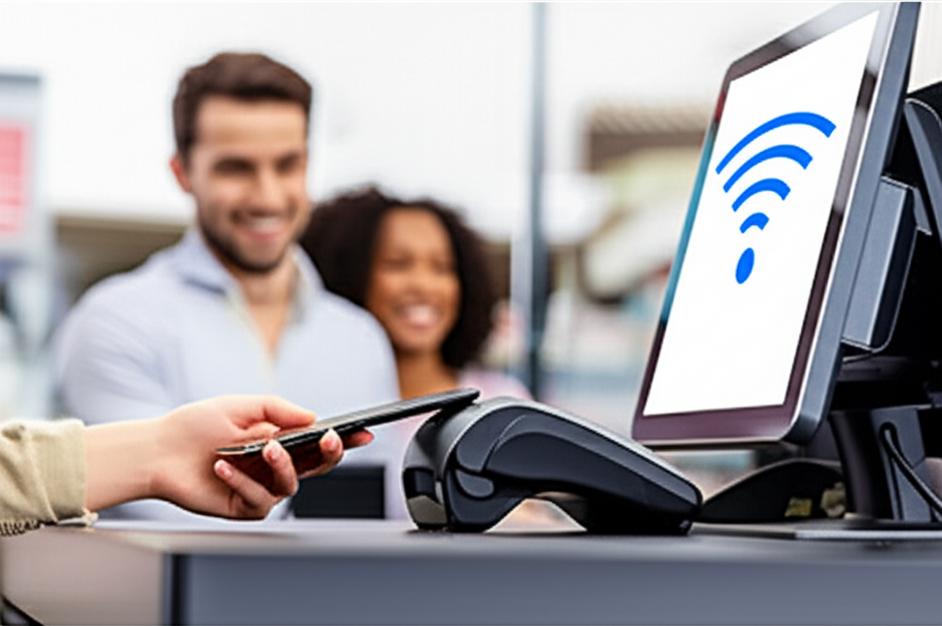 Quầy thanh toán hiện đại với máy POS hỗ trợ thanh toán không chạm, khách hàng dùng điện thoại để thanh toán nhanh chóng và tiện lợi.