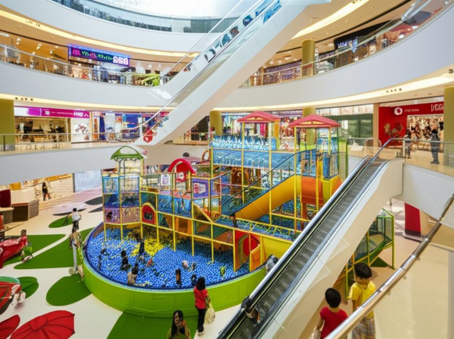 Khu vui chơi trẻ em sôi động trong trung tâm thương mại hiện đại.