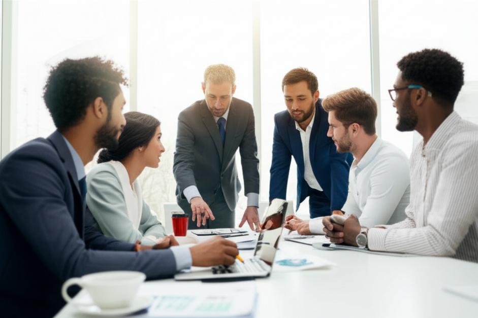 Nhóm chuyên gia kinh doanh thảo luận về chiến lược với người lãnh đạo có tầm nhìn, sử dụng công nghệ hiện đại.