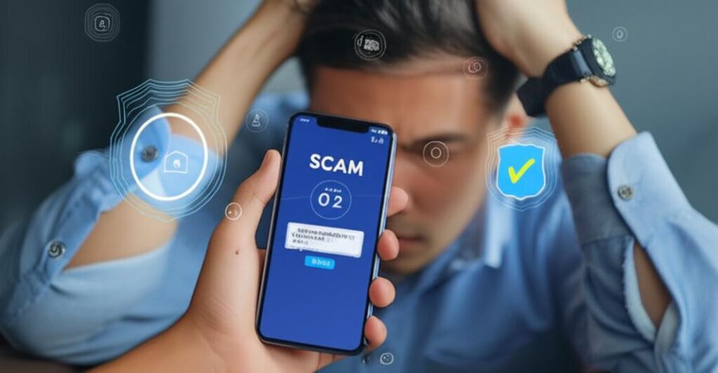 Bị Lừa Đảo Online: Cách Xử Lý Nhanh Chóng và Hiệu Quả Để Bảo Vệ Tài Sản 10 Người đàn ông hoang mang nhìn điện thoại với tin nhắn lừa đảo, xung quanh là các biểu tượng an ninh và cơ quan chức năng.